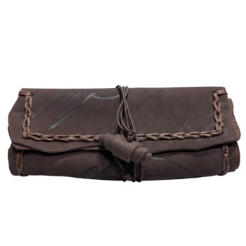 Original MR Drehert. Leder dunkelbr. ant.Pyrografie"Gitarre"