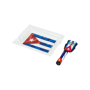 Cigar Set: "Cuba Flag" cigar ashtray + 3 jet lighters + cigar cutter